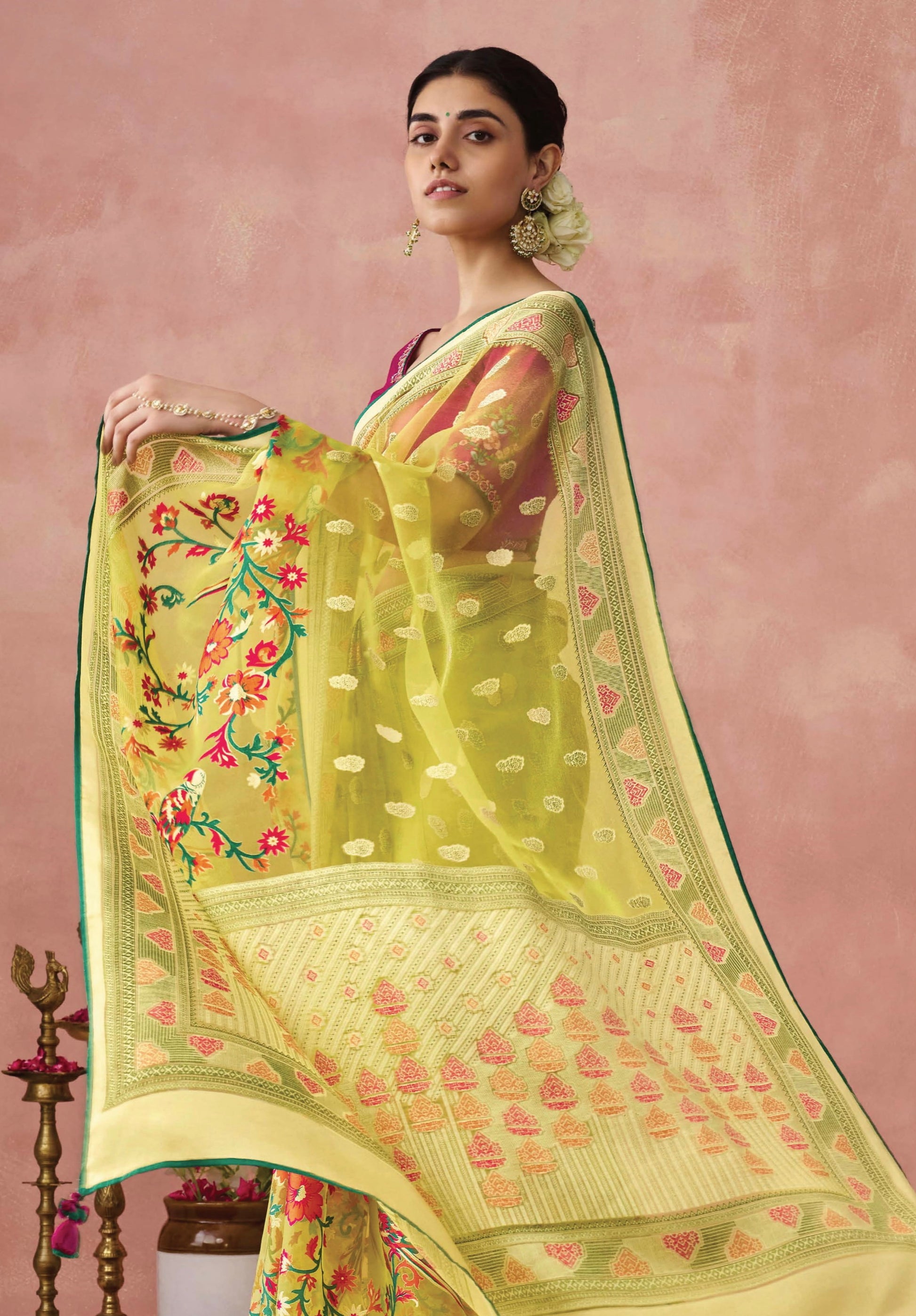 Yellow Soft Brasso Organza Saree with Floral Print and Piping Work