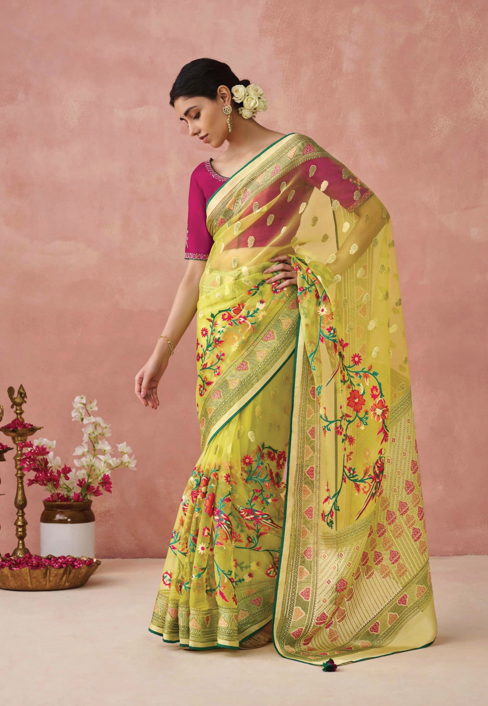 Yellow Soft Brasso Organza Saree with Floral Print and Piping Work