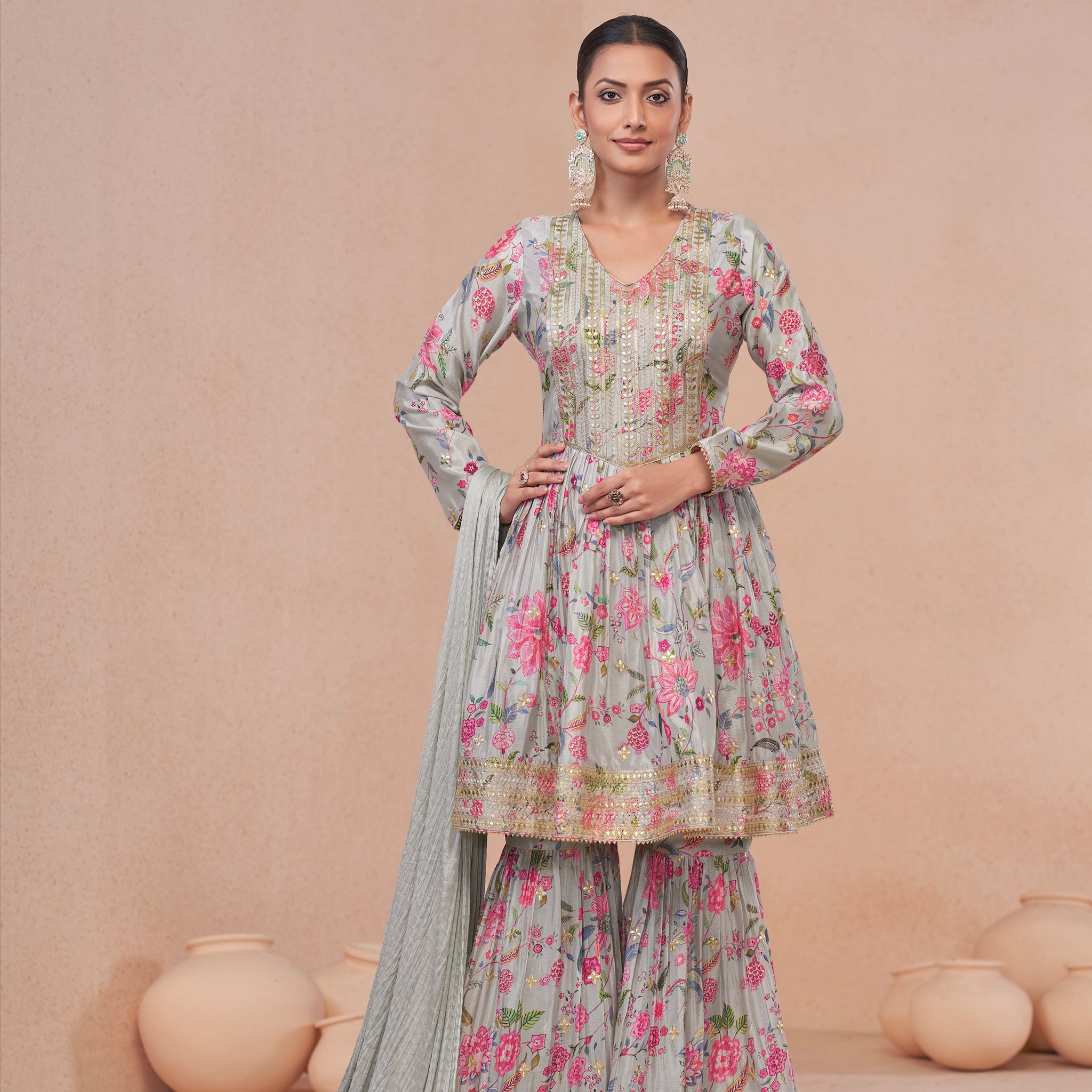 Light Blue Floral Chinon Print Anarkali Suit with Dupatta