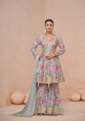 Light Blue Floral Chinon Print Anarkali Suit with Dupatta