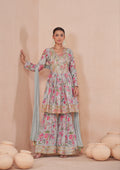 Light Blue Floral Chinon Print Anarkali Suit with Dupatta