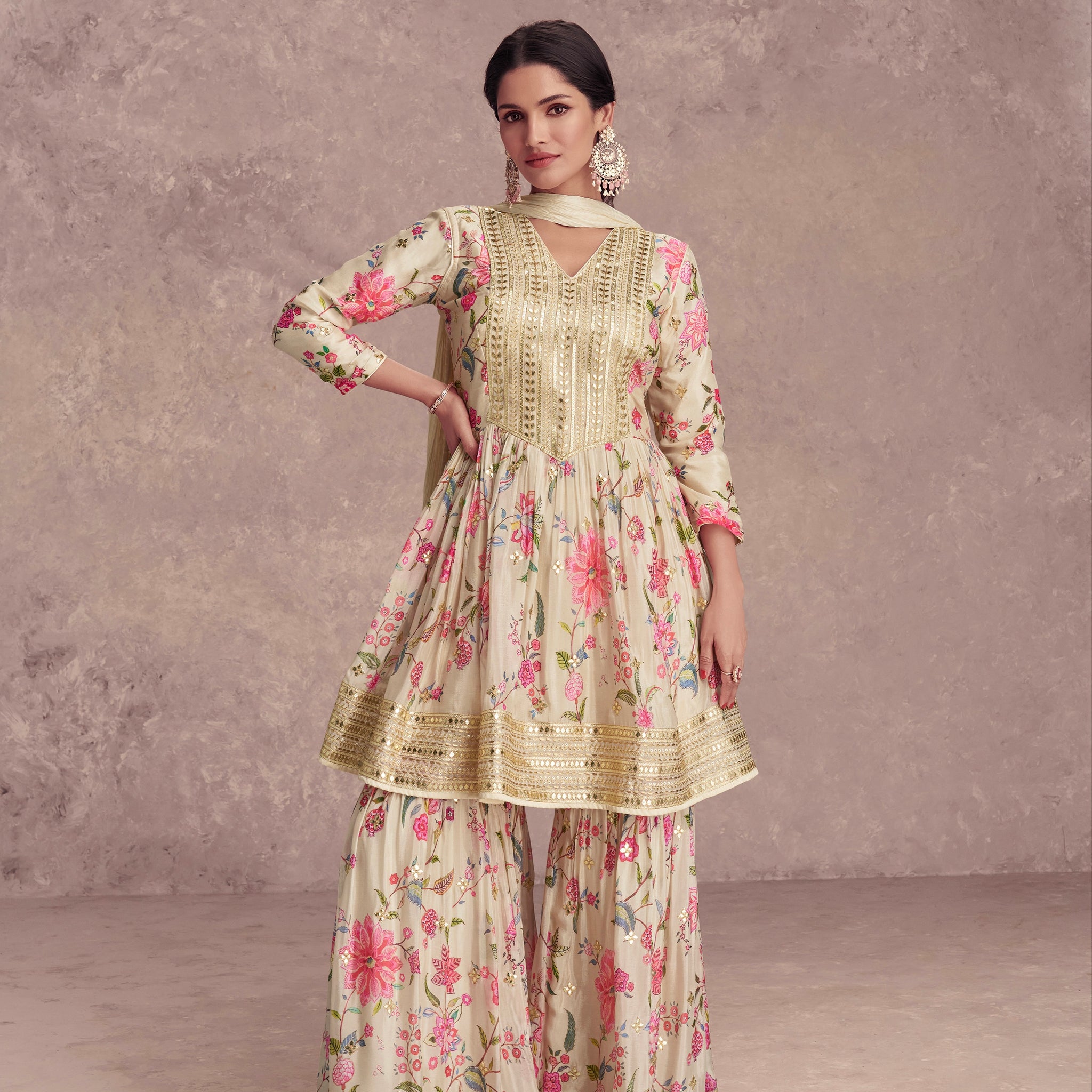 Cream Floral Chinon Print Anarkali Suit with Dupatta