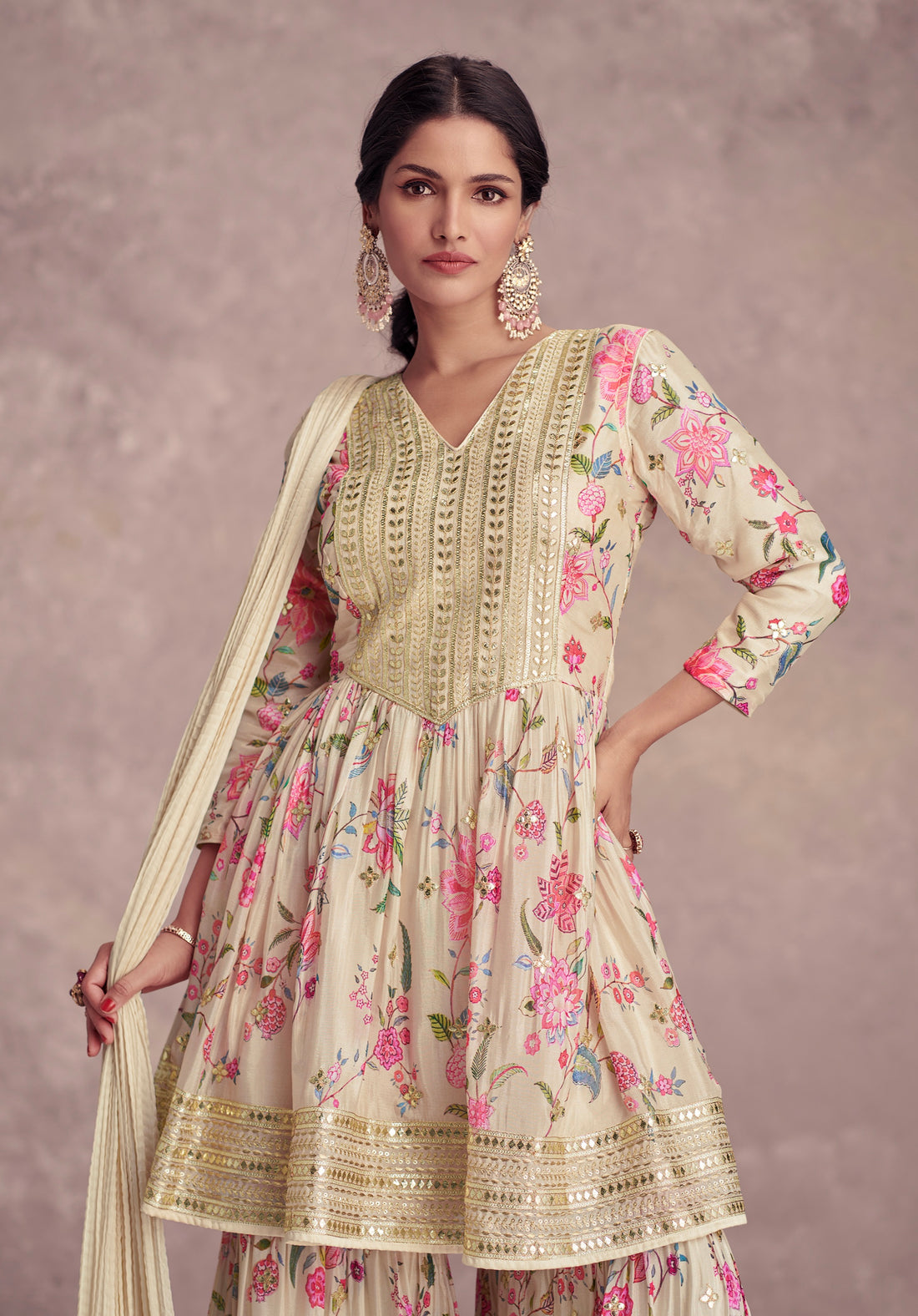 Cream Floral Chinon Print Anarkali Suit with Dupatta