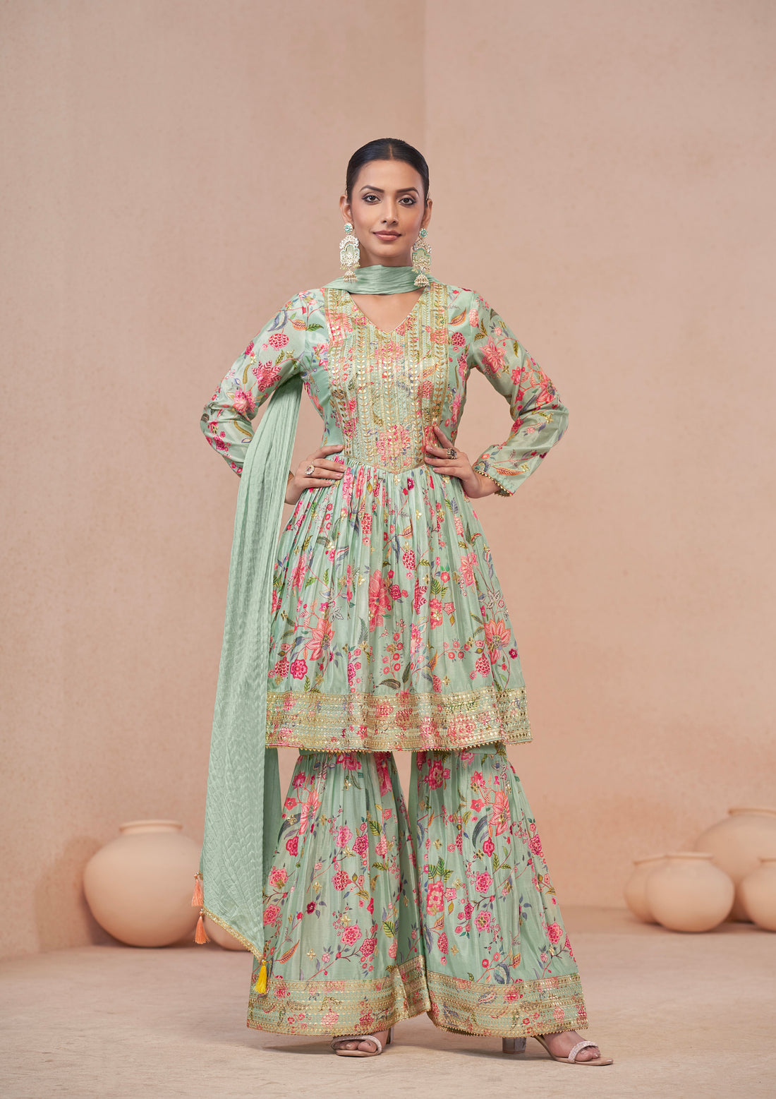 Mint Green Floral Chinon Print Anarkali Suit with Dupatta