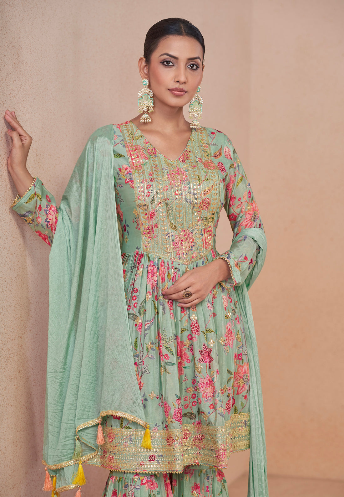 Mint Green Floral Chinon Print Anarkali Suit with Dupatta