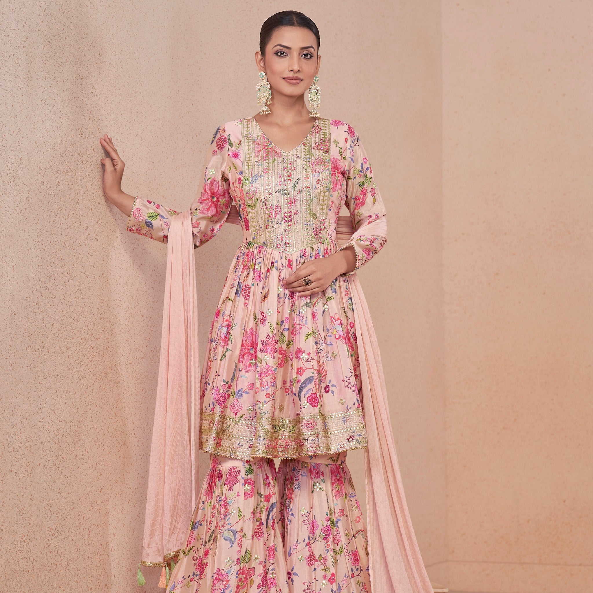 Pink Floral Chinon Print Anarkali Suit with Dupatta