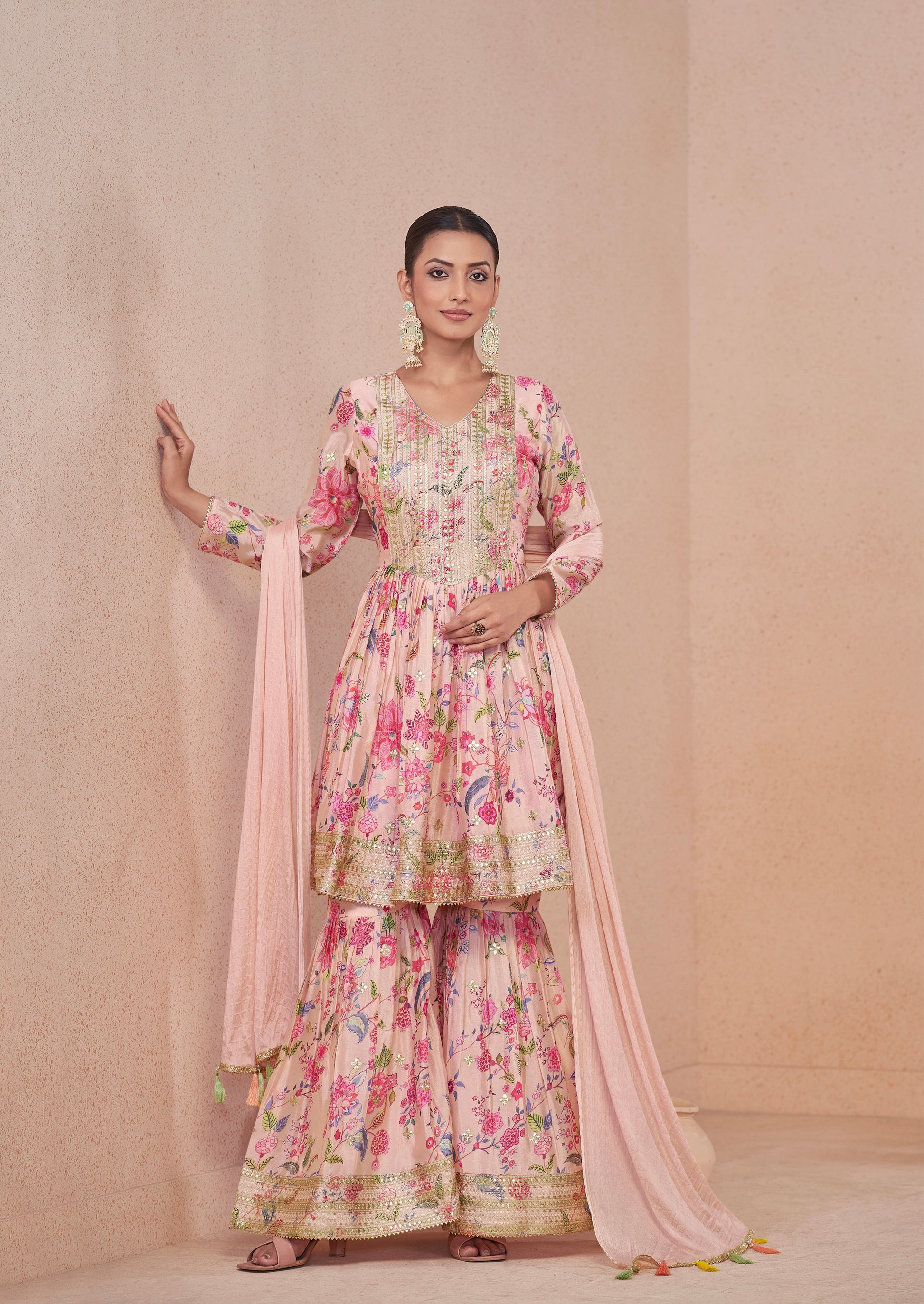 Pink Floral Chinon Print Anarkali Suit with Dupatta