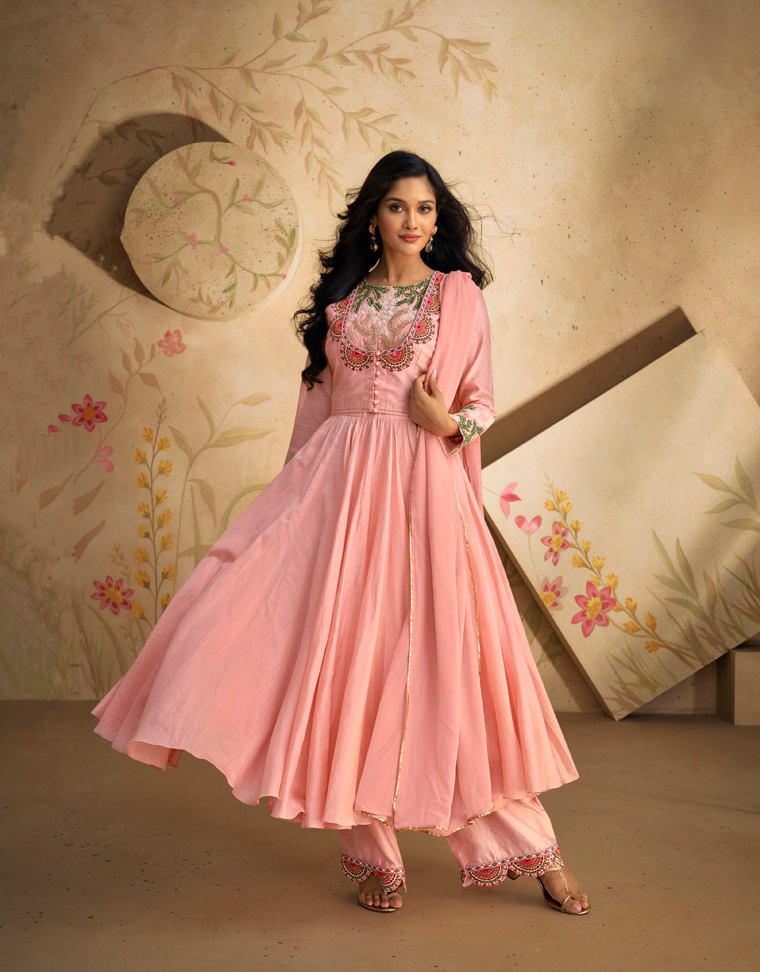 Peach Pure Silk Anarkali Suit with Green and Pink Embroidery