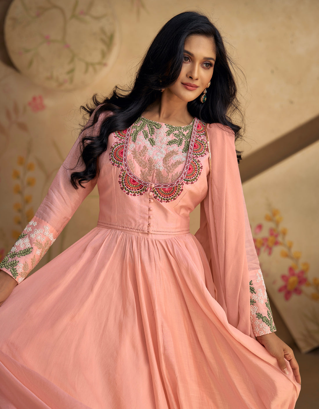 Peach Pure Silk Anarkali Suit with Green and Pink Embroidery