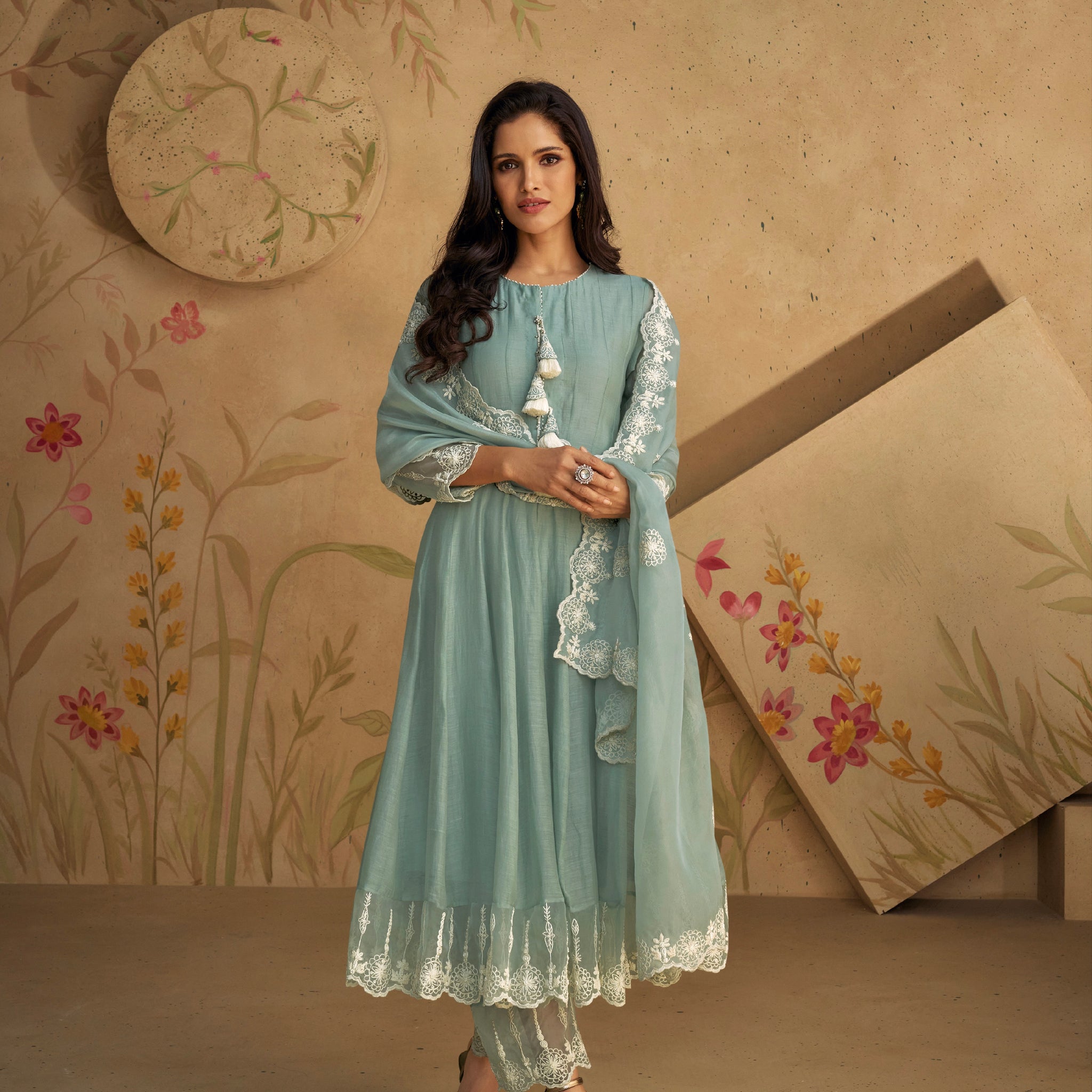 Sage Green Pure Silk Anarkali Suit with White Lace Detailing