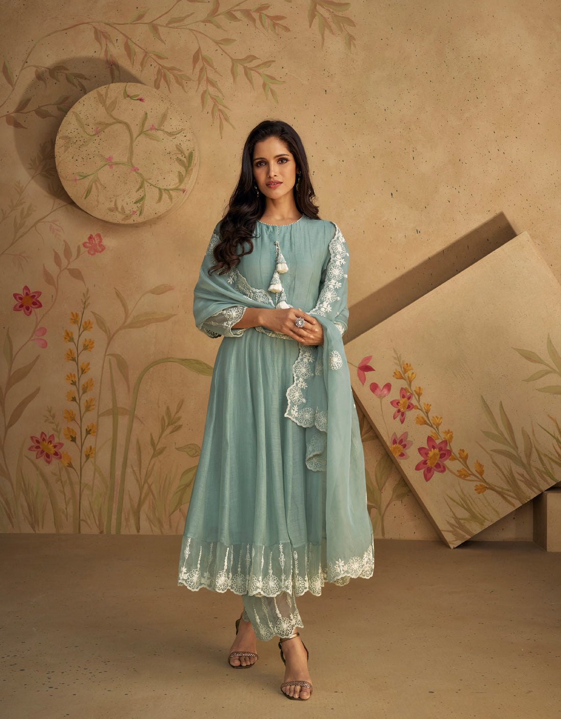 Sage Green Pure Silk Anarkali Suit with White Lace Detailing