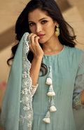 Sage Green Pure Silk Anarkali Suit with White Lace Detailing