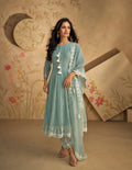 Sage Green Pure Silk Anarkali Suit with White Lace Detailing