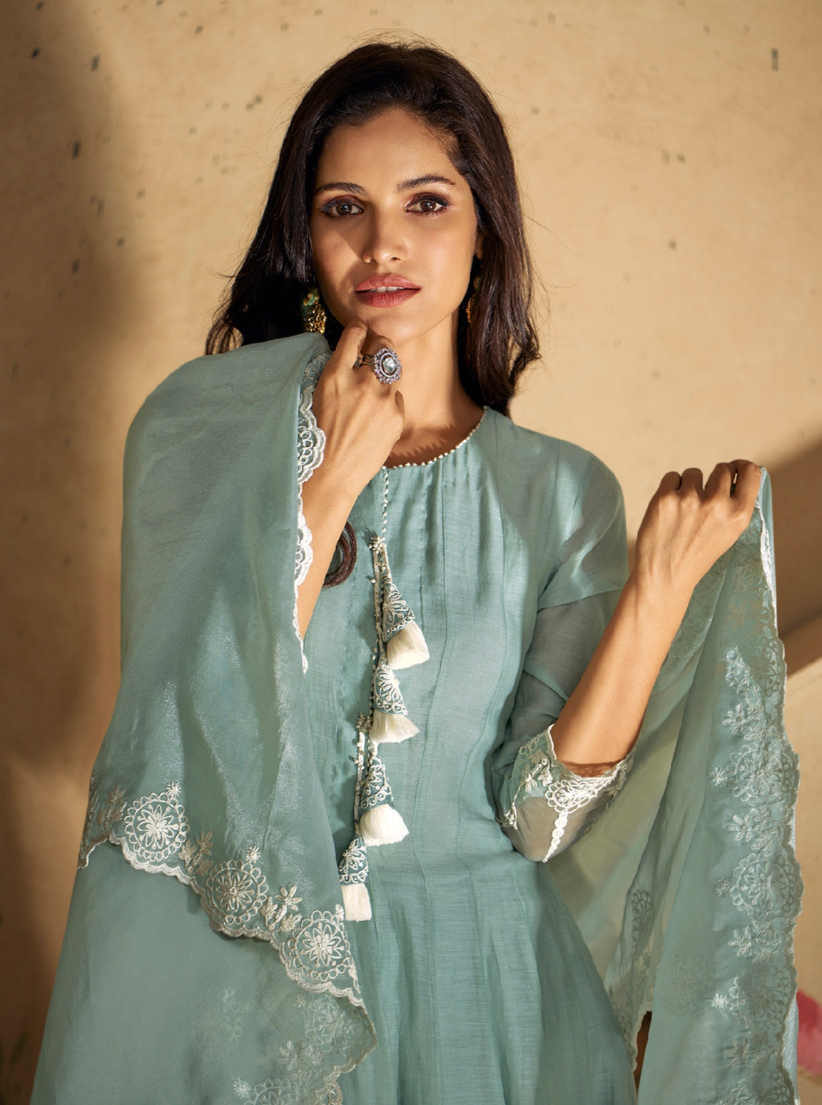 Sage Green Pure Silk Anarkali Suit with White Lace Detailing