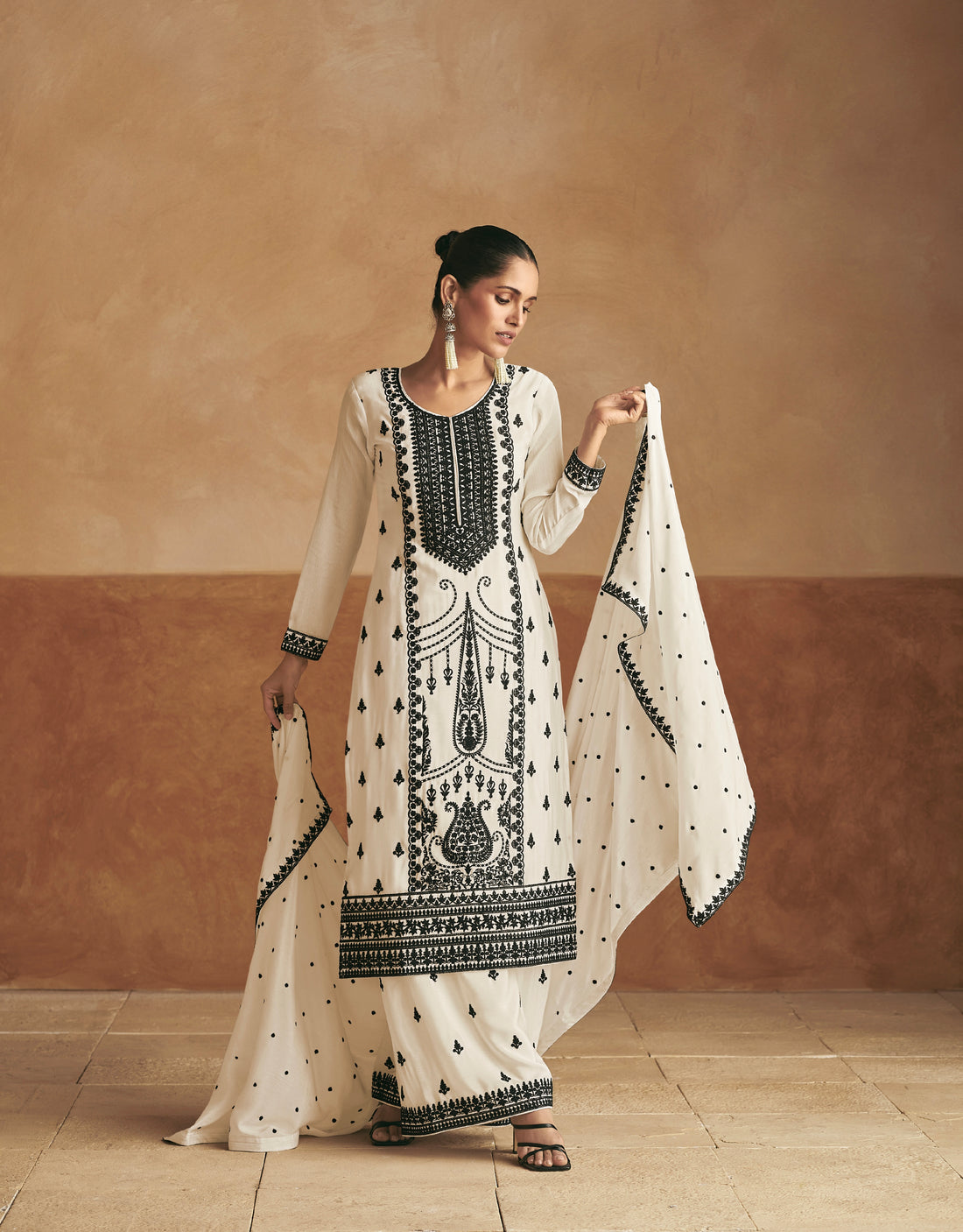 White Premium Chinnon Silk Palazzo Suit with Black Embroidery