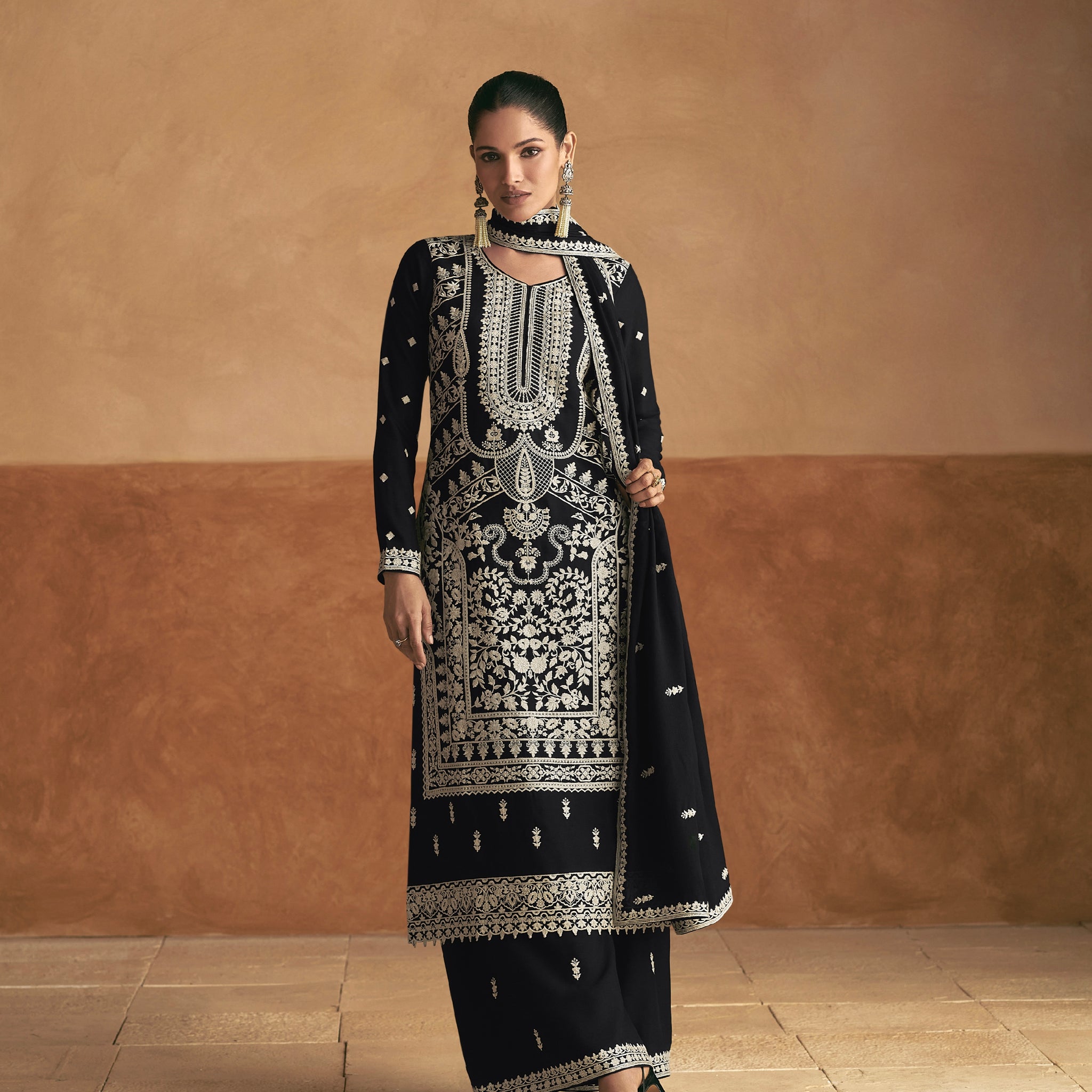 Black Premium Chinnon Silk Palazzo Suit with White Embroidery