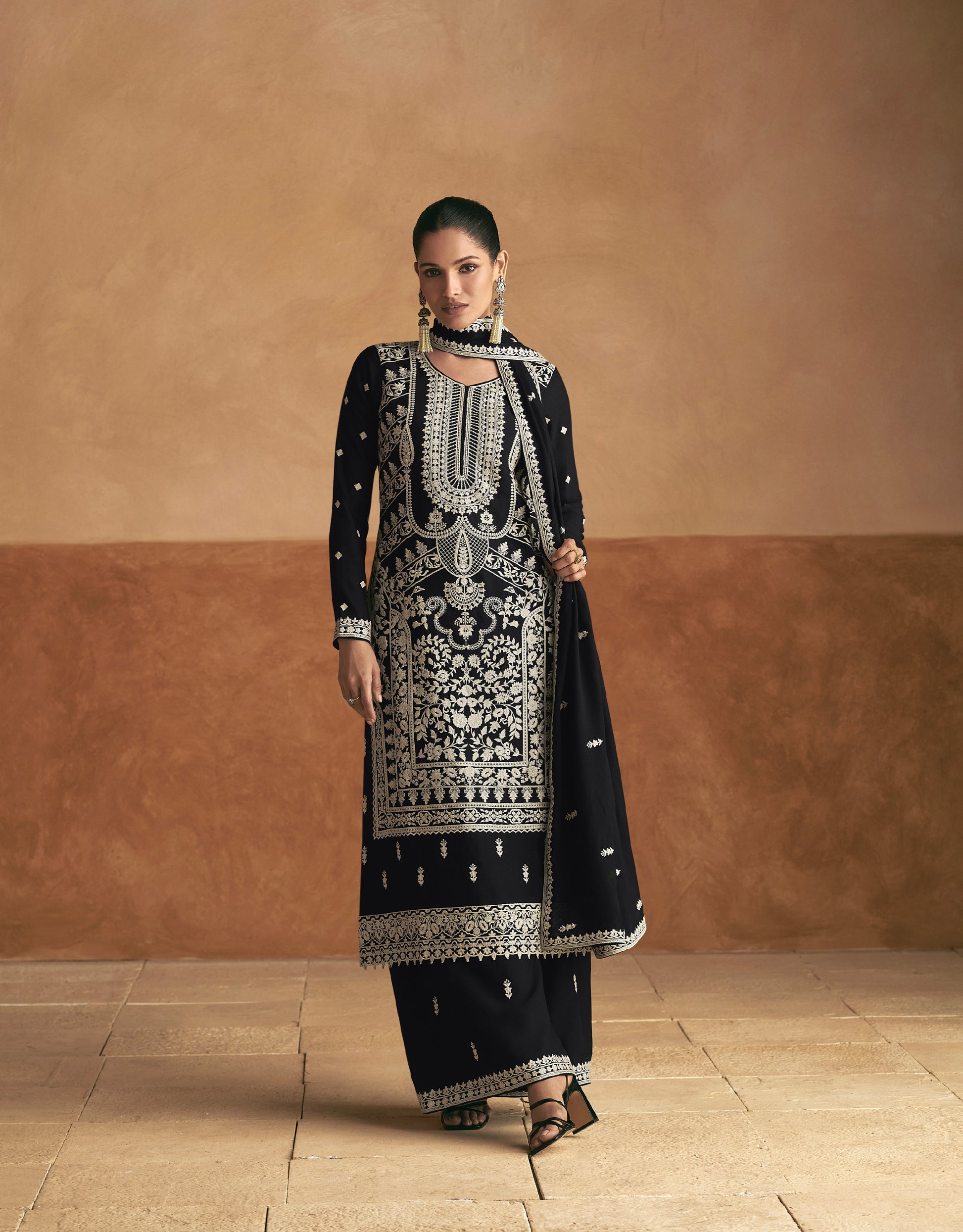 Black Premium Chinnon Silk Palazzo Suit with White Embroidery