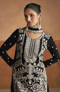 Black Premium Chinnon Silk Palazzo Suit with White Embroidery