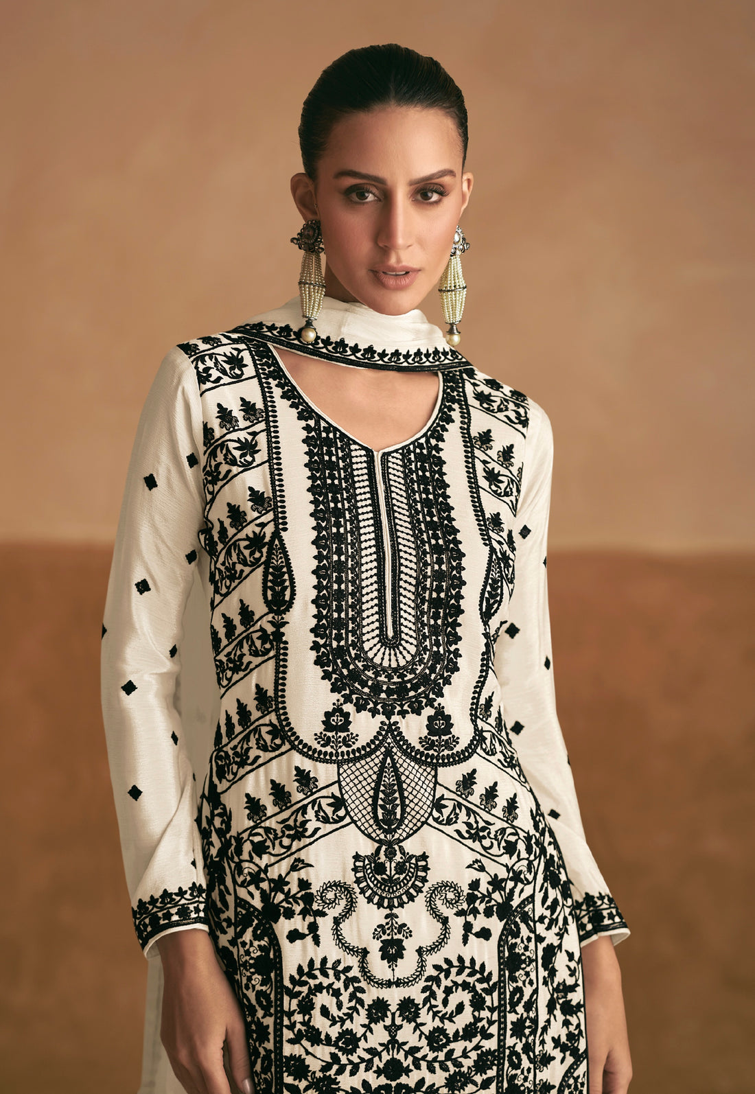 White Chinnon Silk Palazzo Suit with Black Embroidery