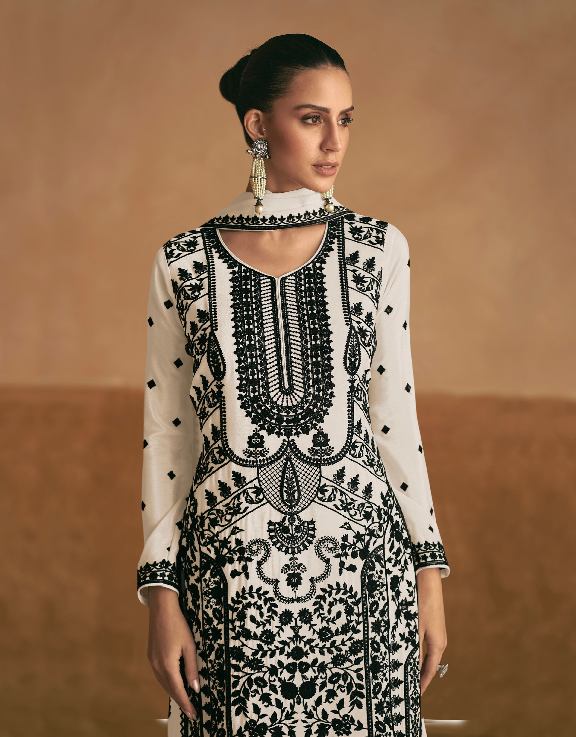 White Chinnon Silk Palazzo Suit with Black Embroidery