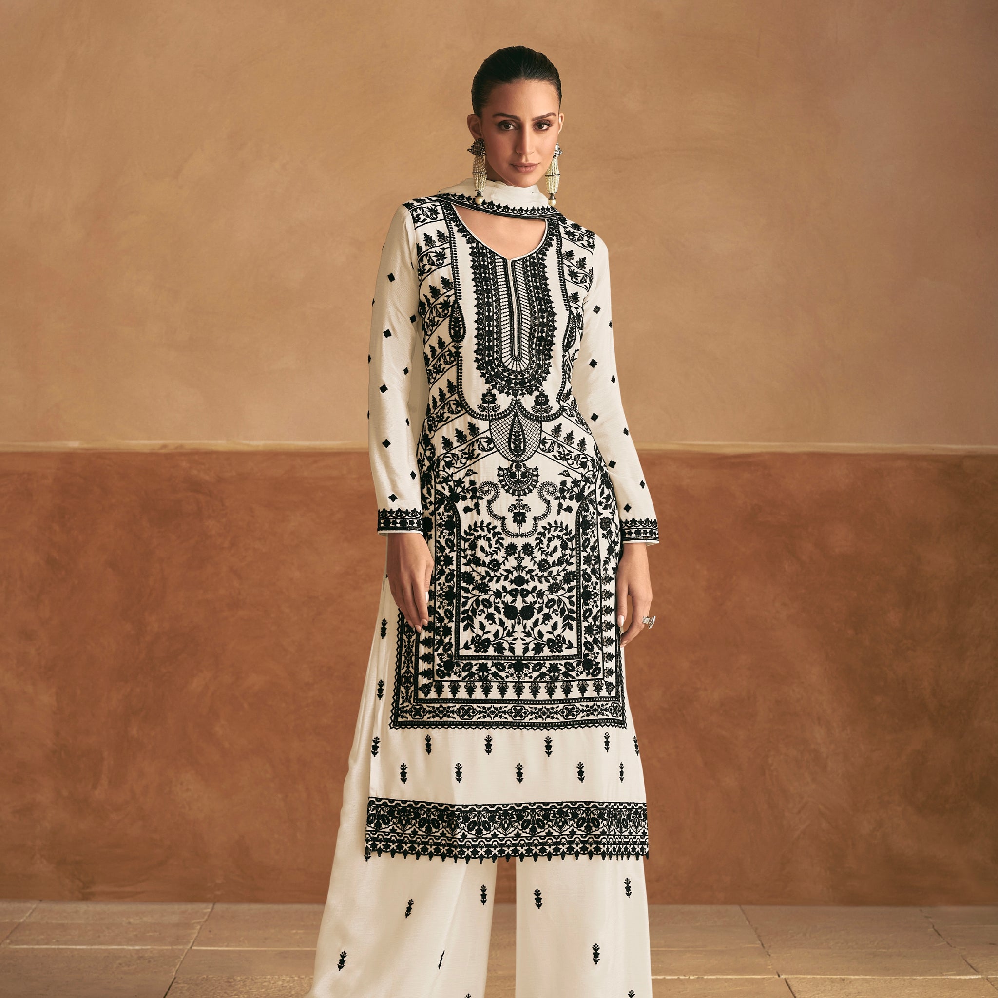 White Chinnon Silk Palazzo Suit with Black Embroidery