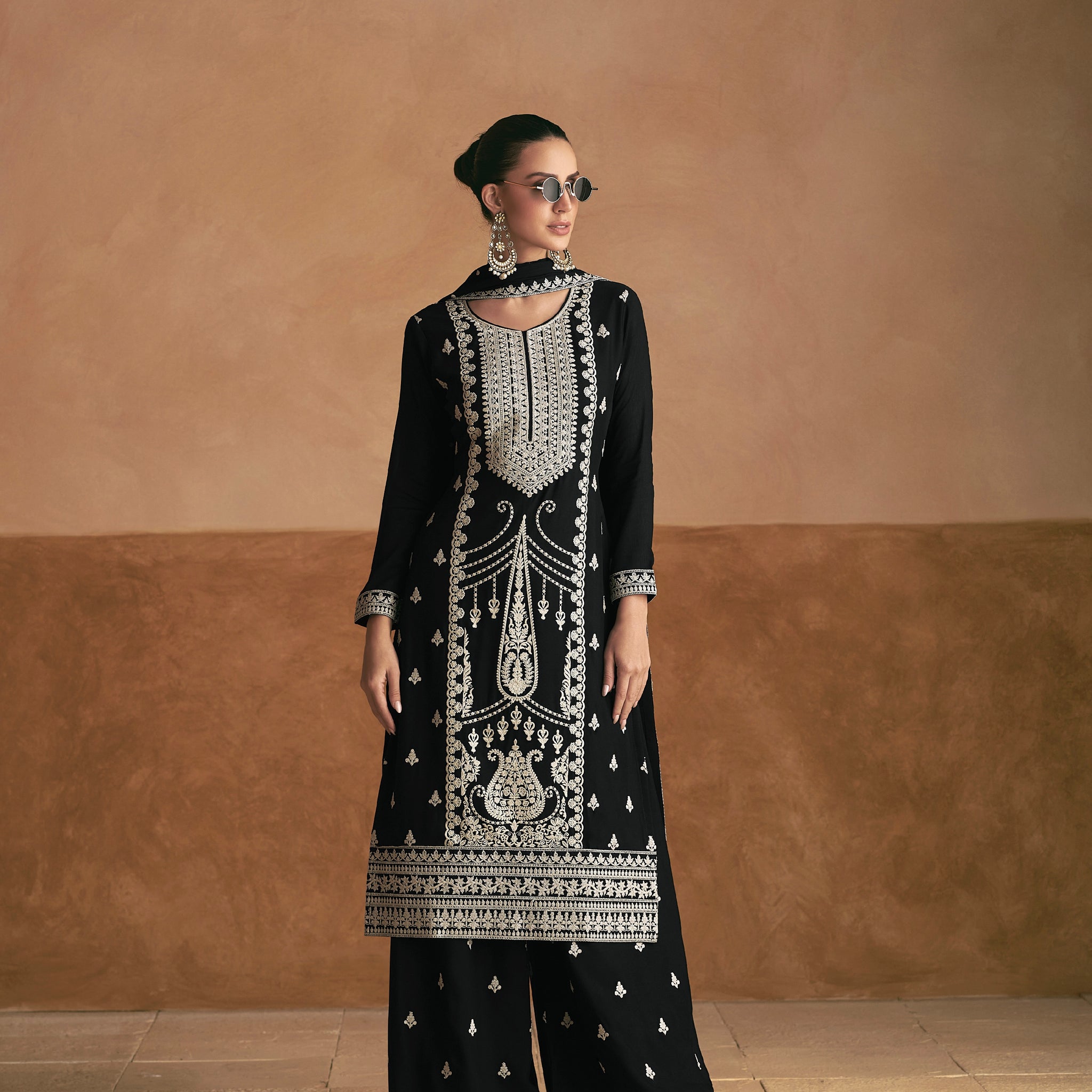 Black Chinnon Silk Palazzo Suit with White Embroidery