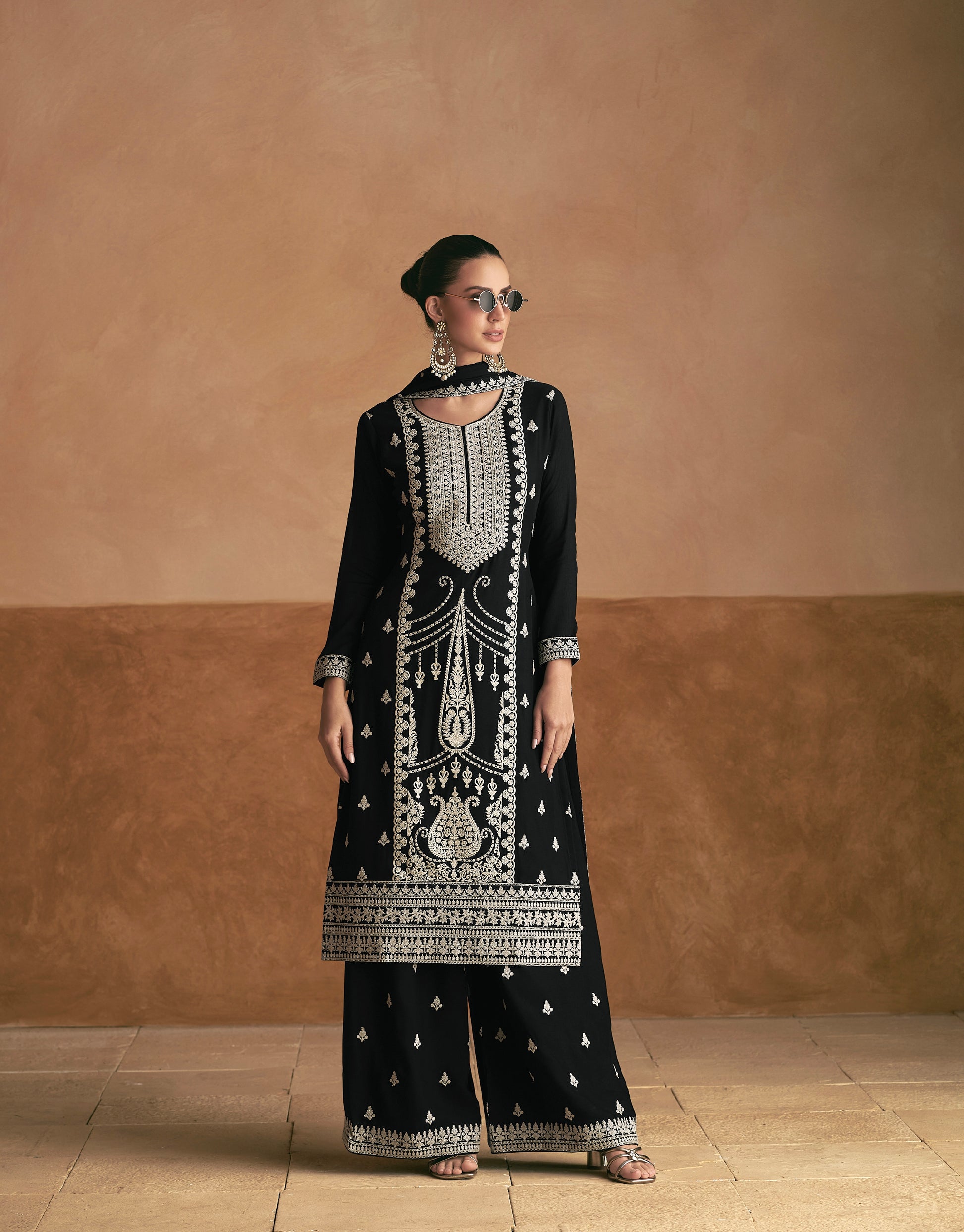 Black Chinnon Silk Palazzo Suit with White Embroidery