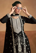 Black Chinnon Silk Palazzo Suit with White Embroidery