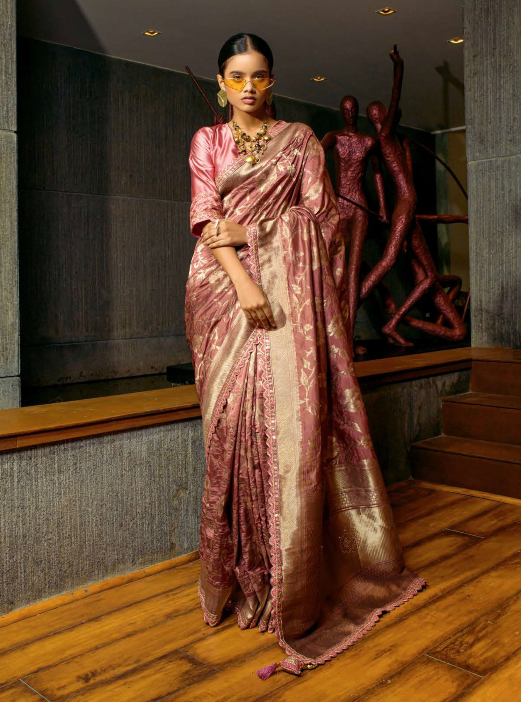 Rose Pink Viscose Weaving Saree with Satin Silk Blouse and Embroidery