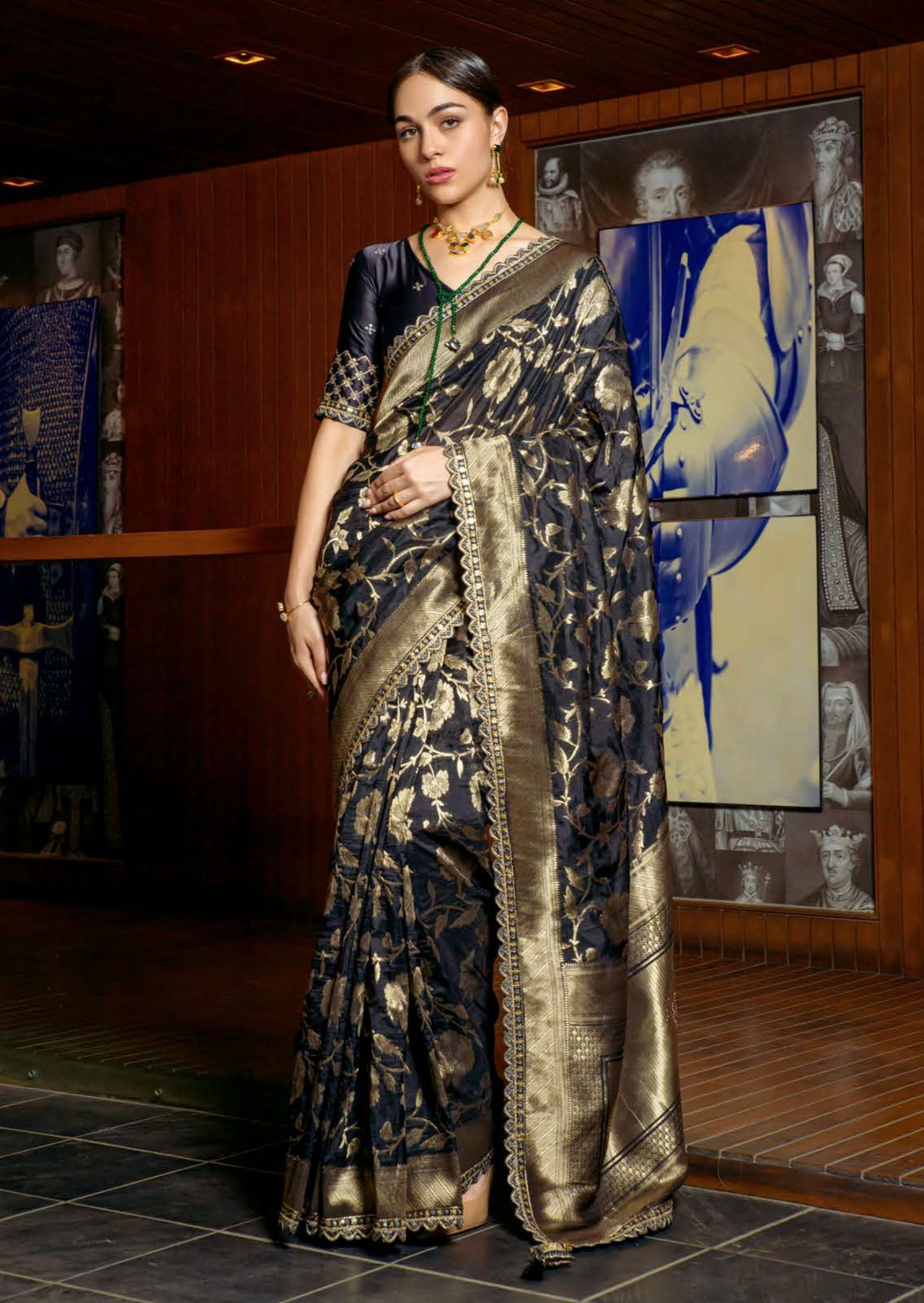 Black and Gold Viscose Weaving Saree with Silk Blouse and Embroidery