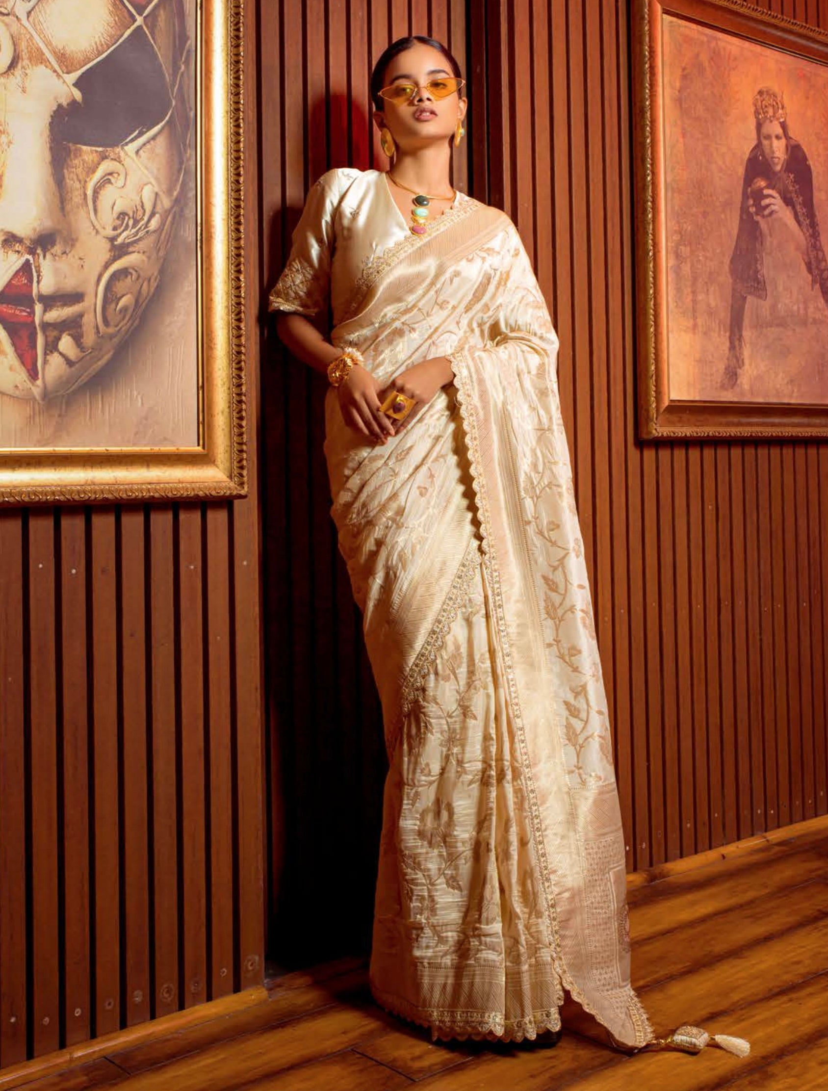 Ivory Viscose Weaving Saree with Satin Silk Blouse and Embroidery