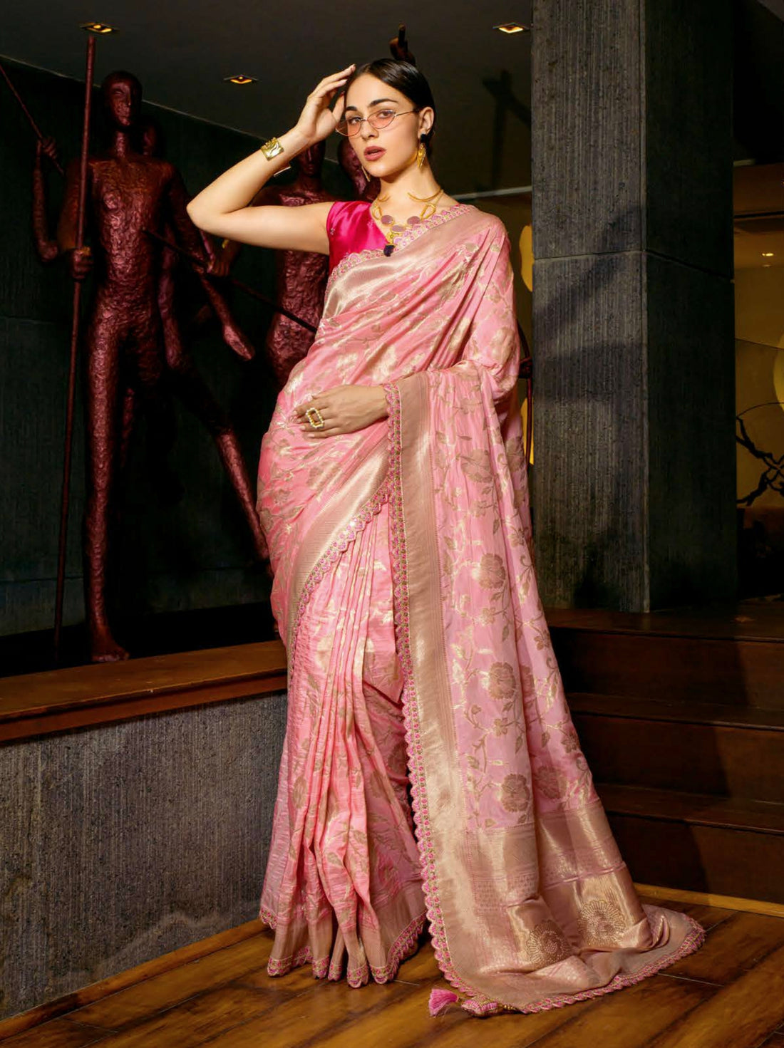 Blush Pink Viscose Weaving Saree with Satin Silk Blouse and Embroidery