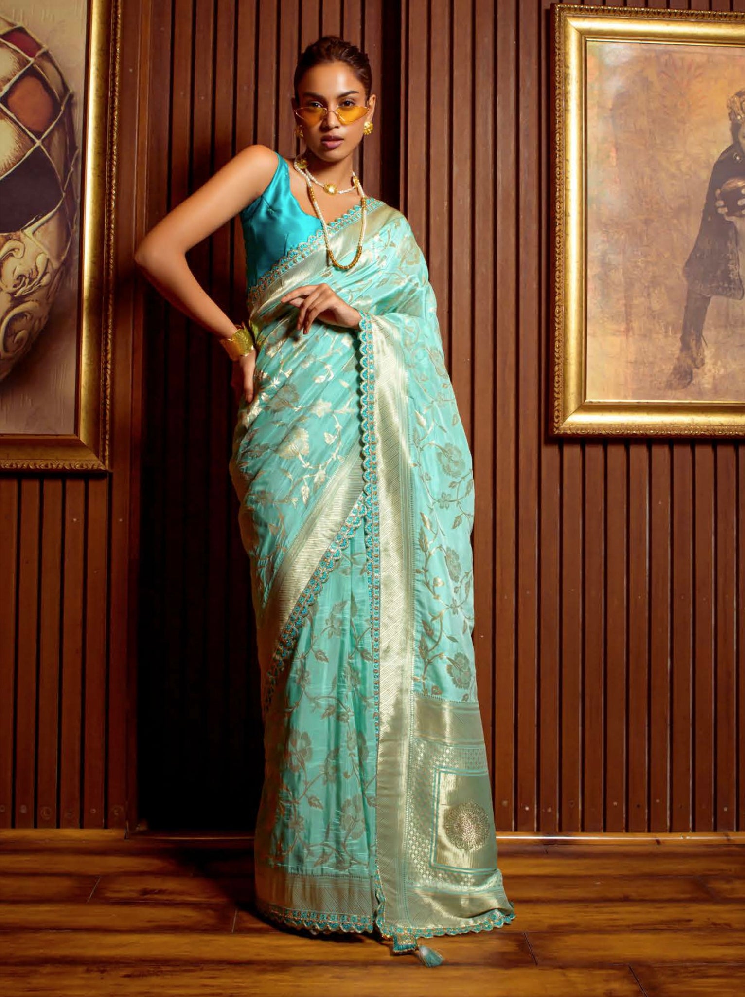 Aqua Blue Viscose Weaving Saree with Satin Silk Blouse and Embroidery