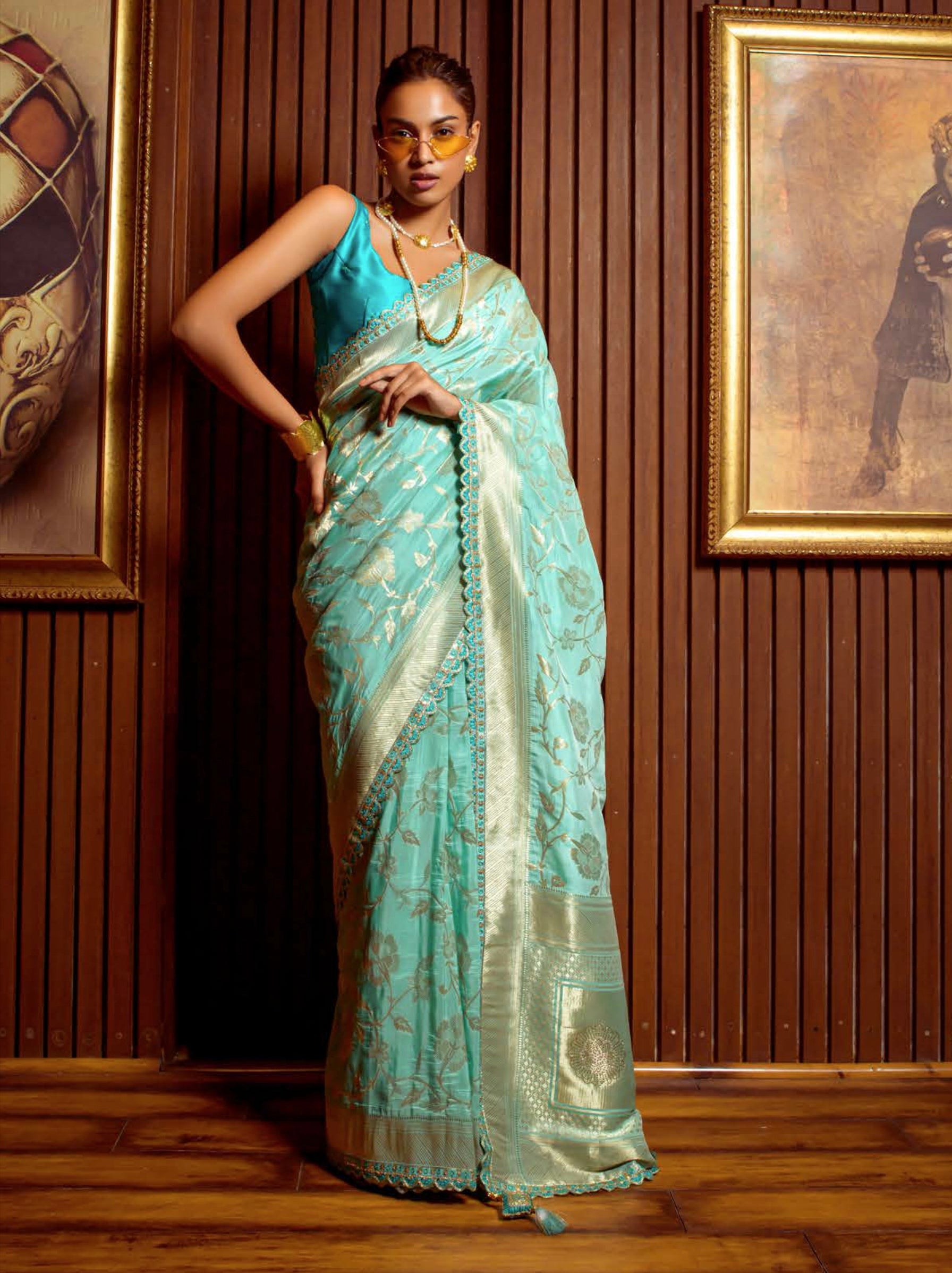 Aqua Blue Viscose Weaving Saree with Satin Silk Blouse and Embroidery