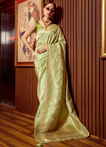 Mint Green Viscose Weaving Saree with Satin Silk Blouse and Embroidery