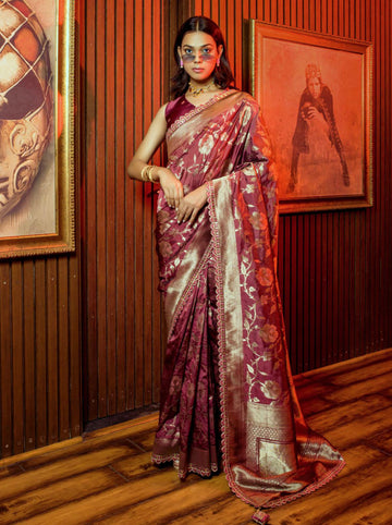 Burgundy Viscose Weaving Saree with Satin Silk Blouse and Embroidery