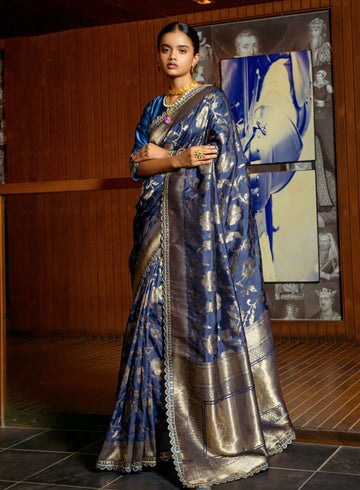 Royal Blue Viscose Weaving Saree with Satin Silk Blouse and Embroidery