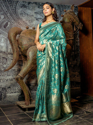 Teal Green Viscose Weaving Saree with Satin Silk Blouse and Embroidery