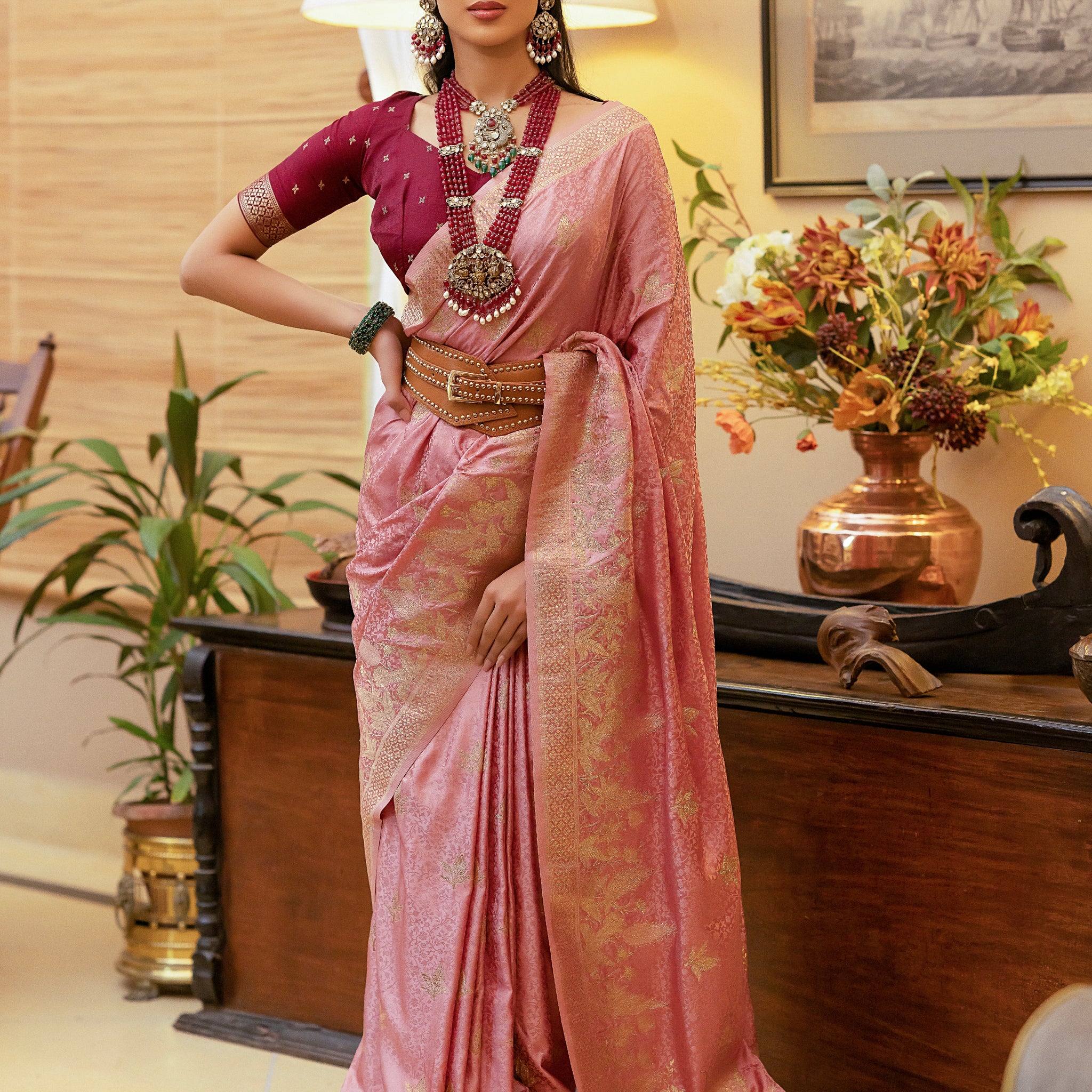 Rose Gold Satin Silk Saree with Intricate Zari Weaving and Satin Silk Blouse