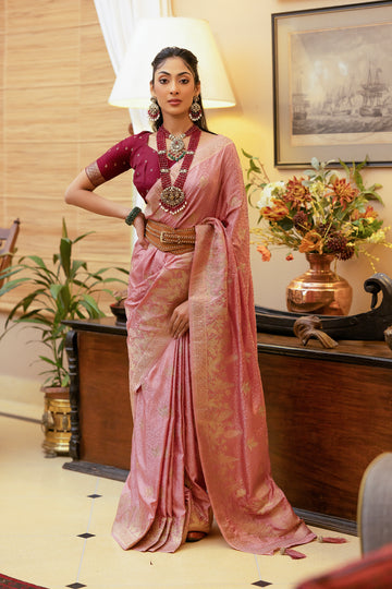 Rose Gold Satin Silk Saree with Intricate Zari Weaving and Satin Silk Blouse