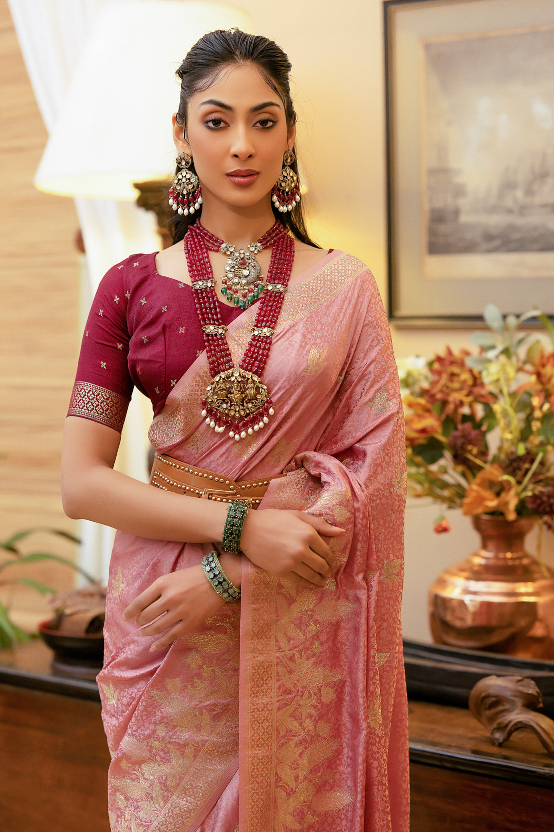 Rose Gold Satin Silk Saree with Intricate Zari Weaving and Satin Silk Blouse