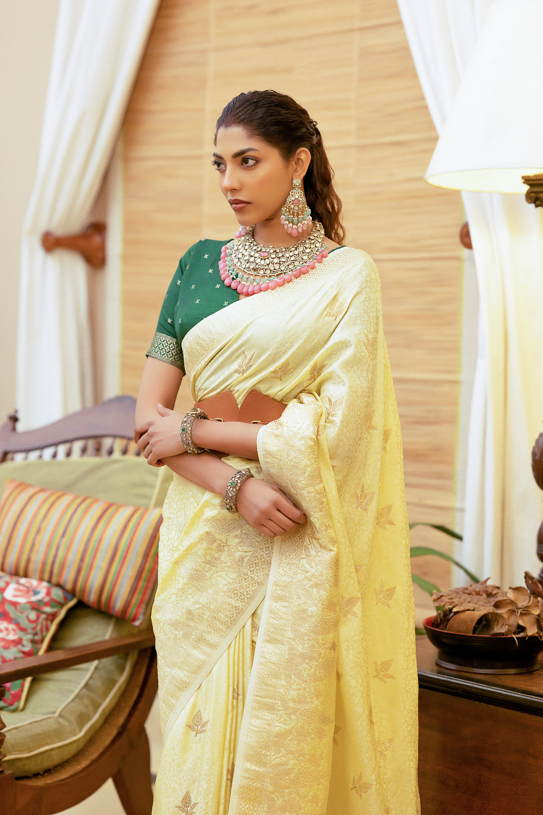 Cream Satin Silk Saree with Intricate Zari Weaving and Satin Silk Blouse