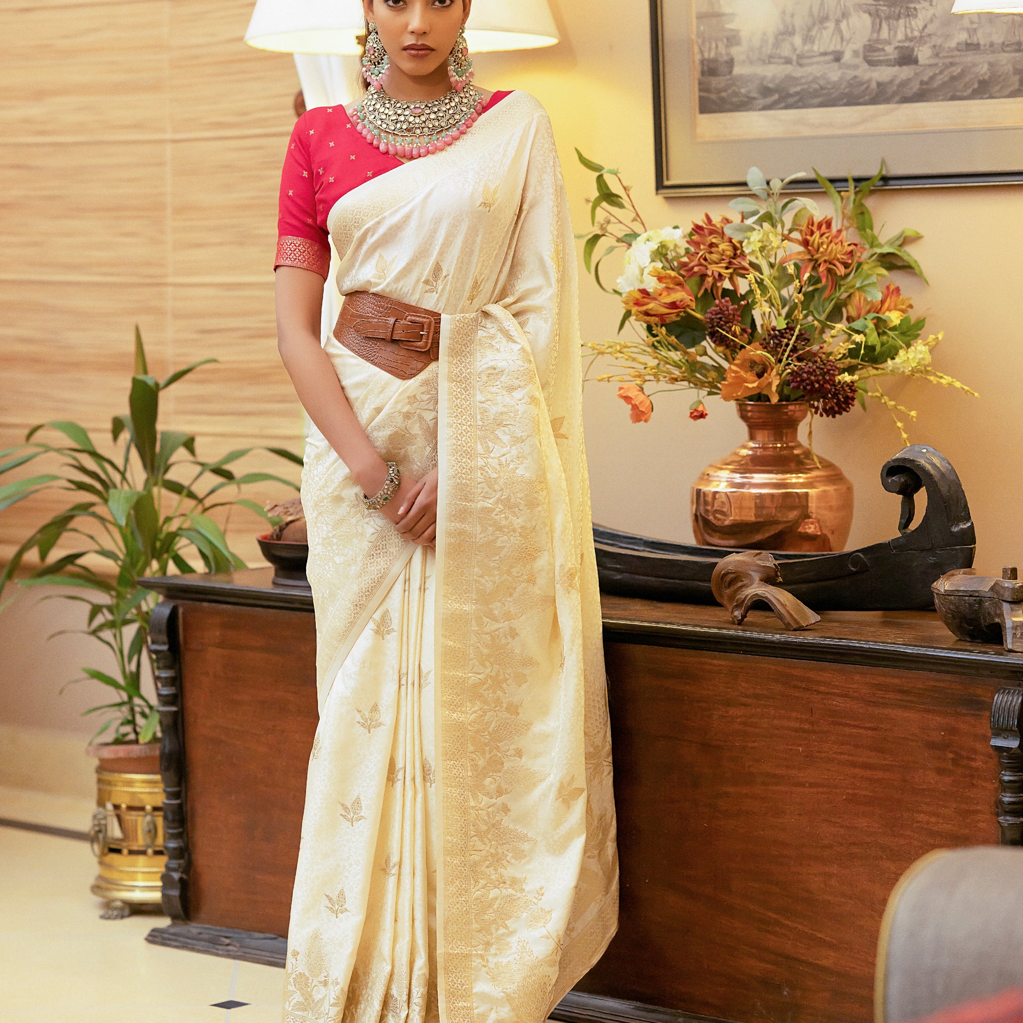 Off-White Satin Silk Saree with Zari Weaving and Satin Silk Blouse