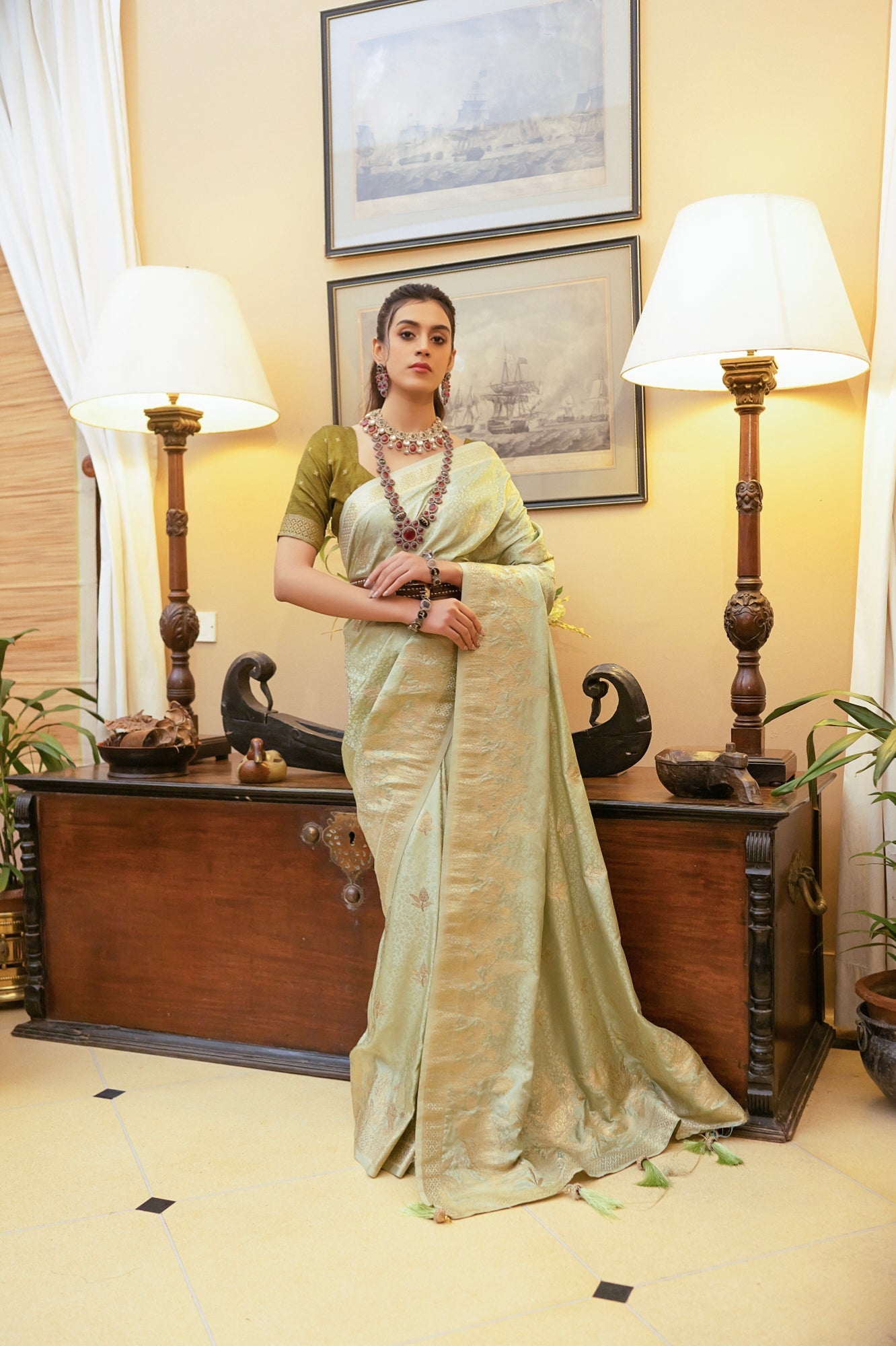 Sage Green Satin Silk Saree with Zari Weaving and Satin Silk Blouse