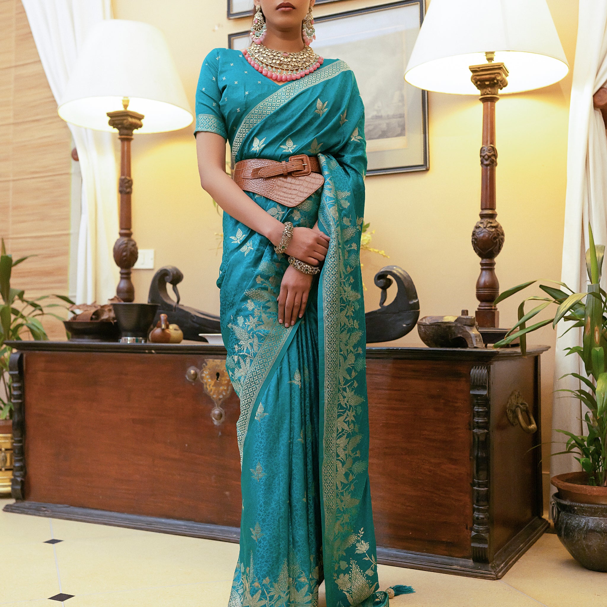 Teal Blue Satin Silk Saree with Intricate Zari Weaving and Satin Silk Blouse