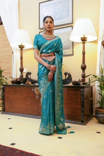 Teal Blue Satin Silk Saree with Intricate Zari Weaving and Satin Silk Blouse