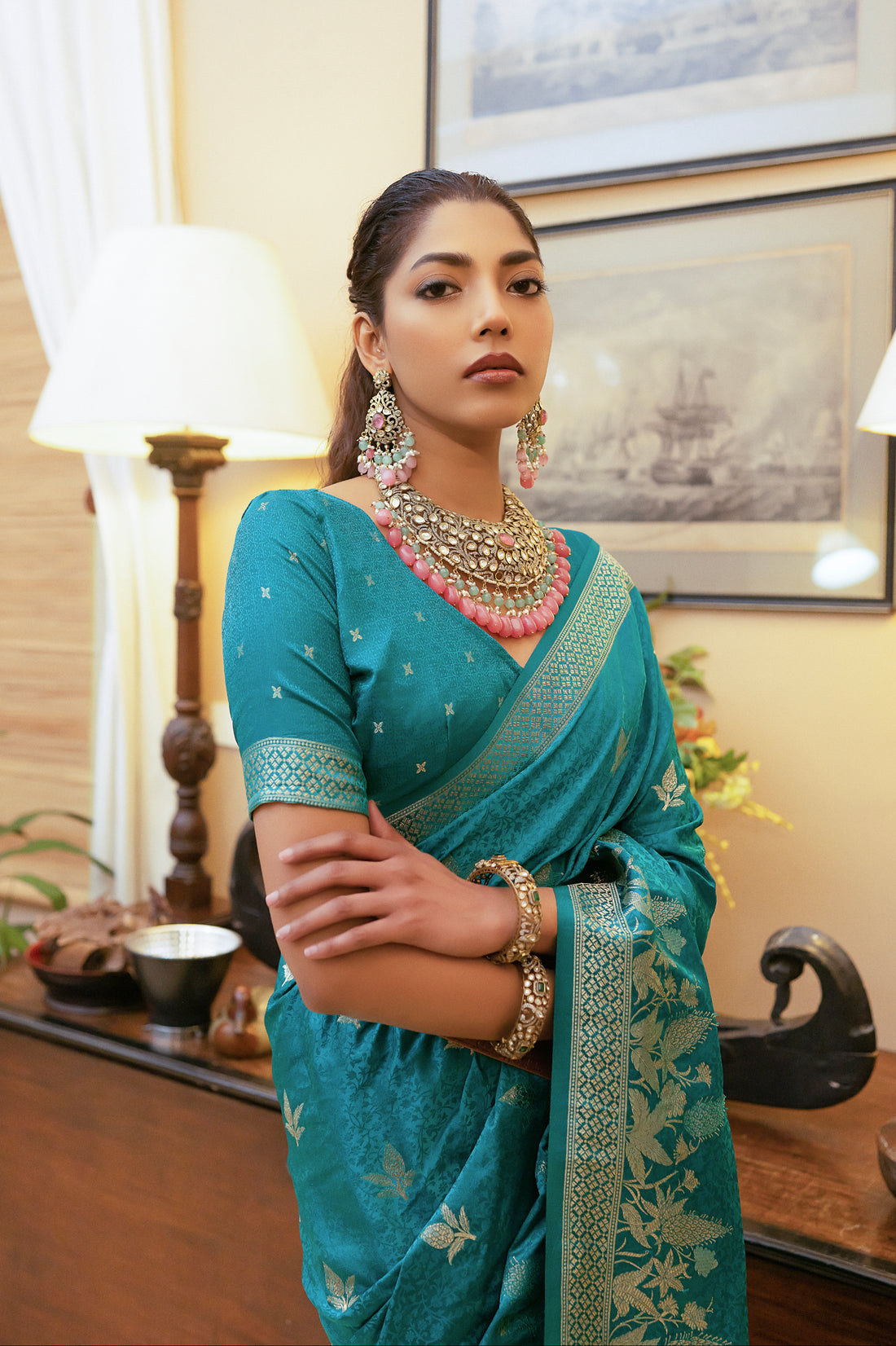 Teal Blue Satin Silk Saree with Intricate Zari Weaving and Satin Silk Blouse