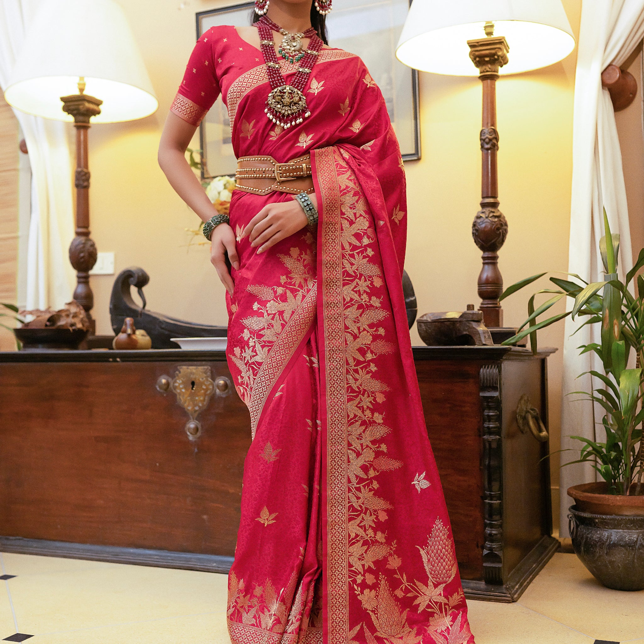 Red Satin Silk Saree with Intricate Zari Weaving and Satin Silk Blouse