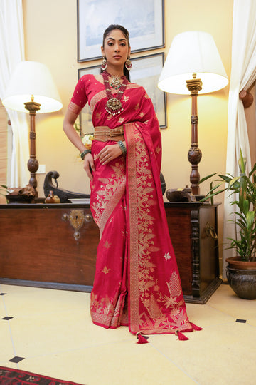 Red Satin Silk Saree with Intricate Zari Weaving and Satin Silk Blouse