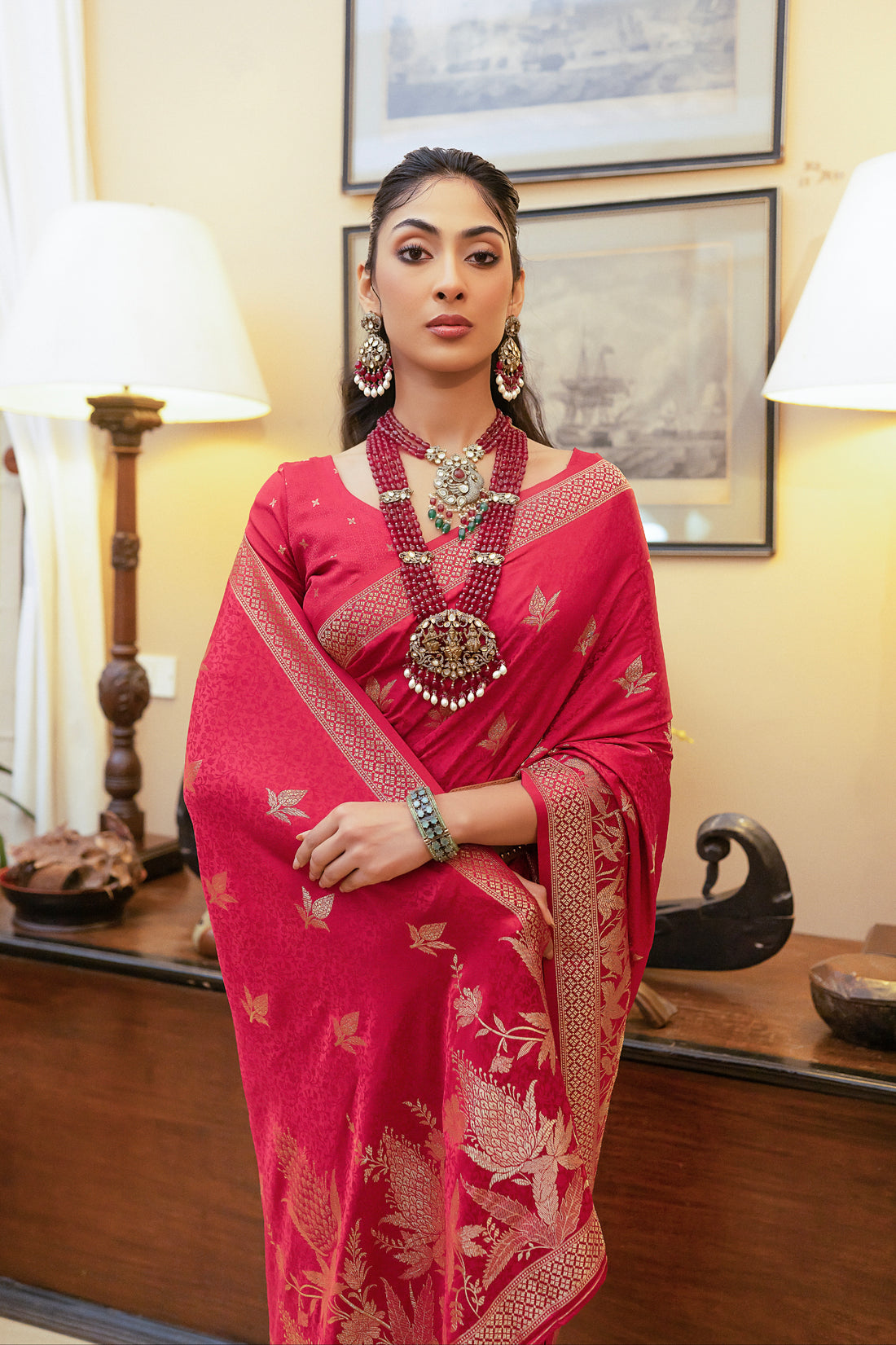 Red Satin Silk Saree with Intricate Zari Weaving and Satin Silk Blouse